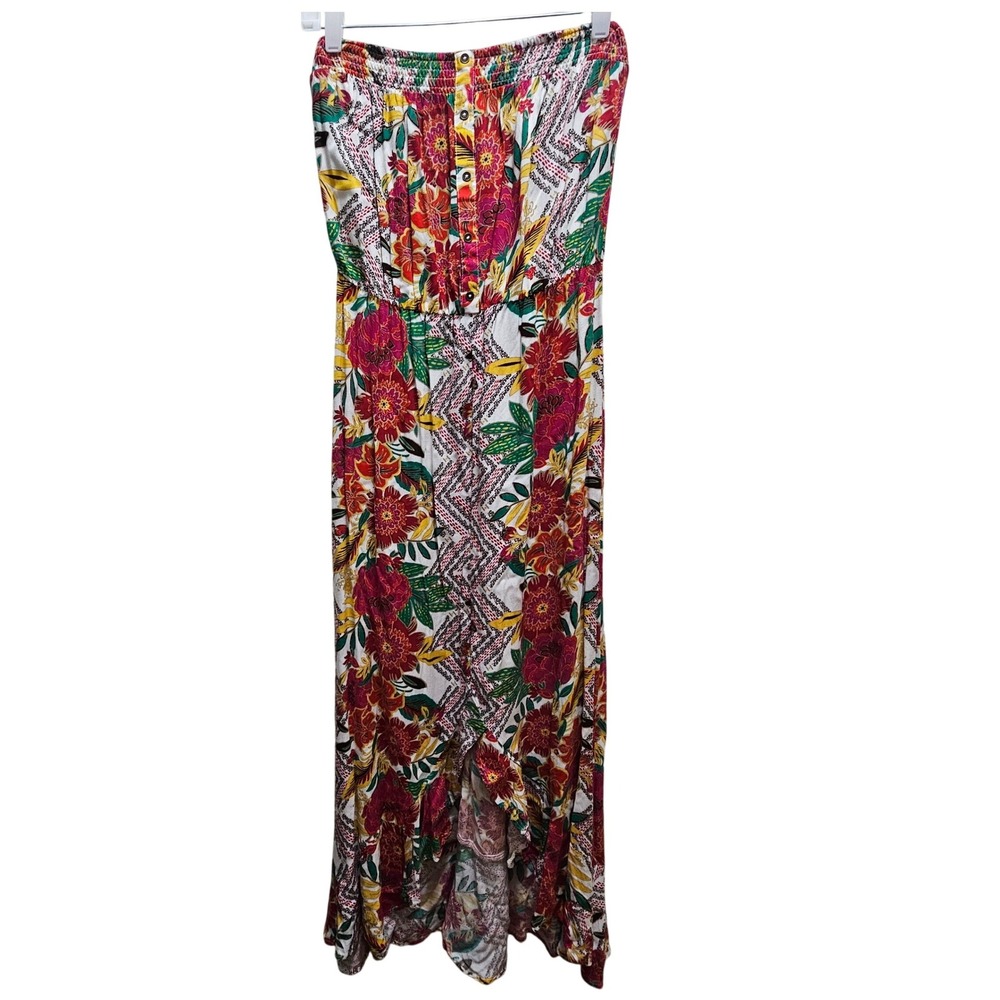 Eyeshadow Floral Mixed Print Strapless Maxi Dress Skirt Hi Low Smocked Waist Med